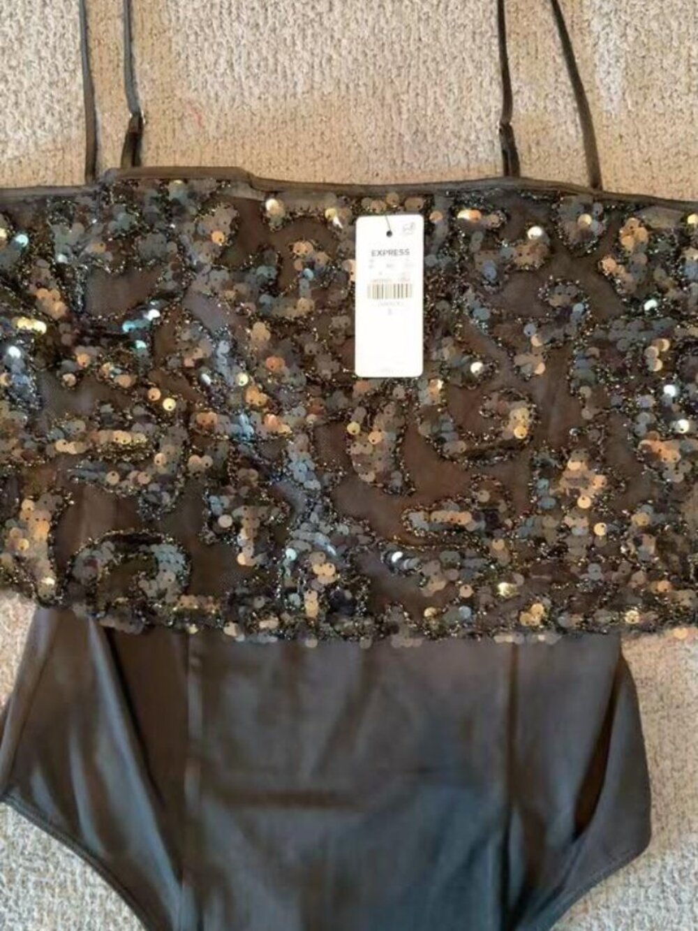 NWT Express Black Sequin Thong Bodysuit Size S Party Glam Night Out